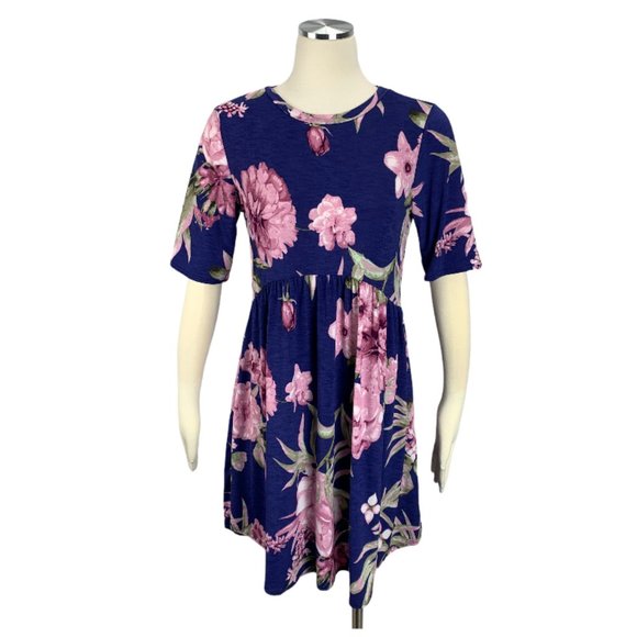 Navy Floral Large Stretch Dress Pockets VC50088 - Picture 1 of 6